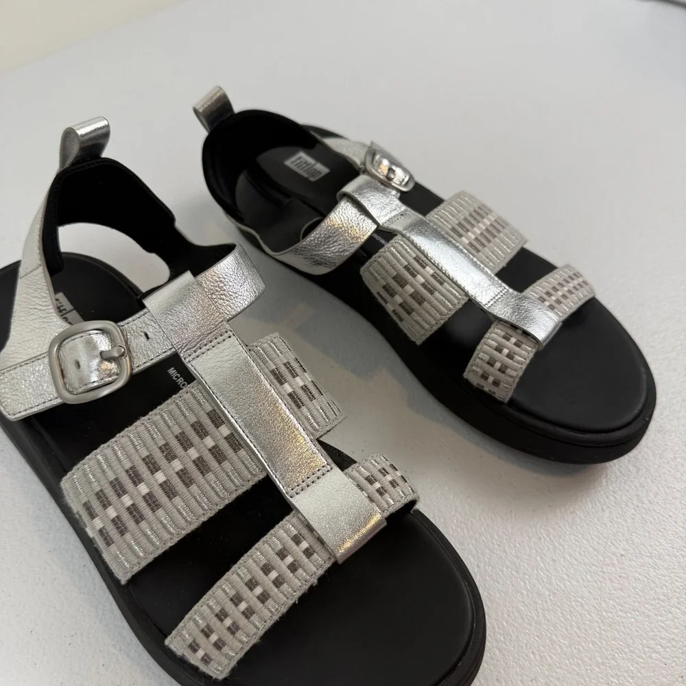 FITFLOP F-MODE METALLIC-LEATHER/WEBBING FLATFORM FISHERMAN SANDALS Women's 9 US